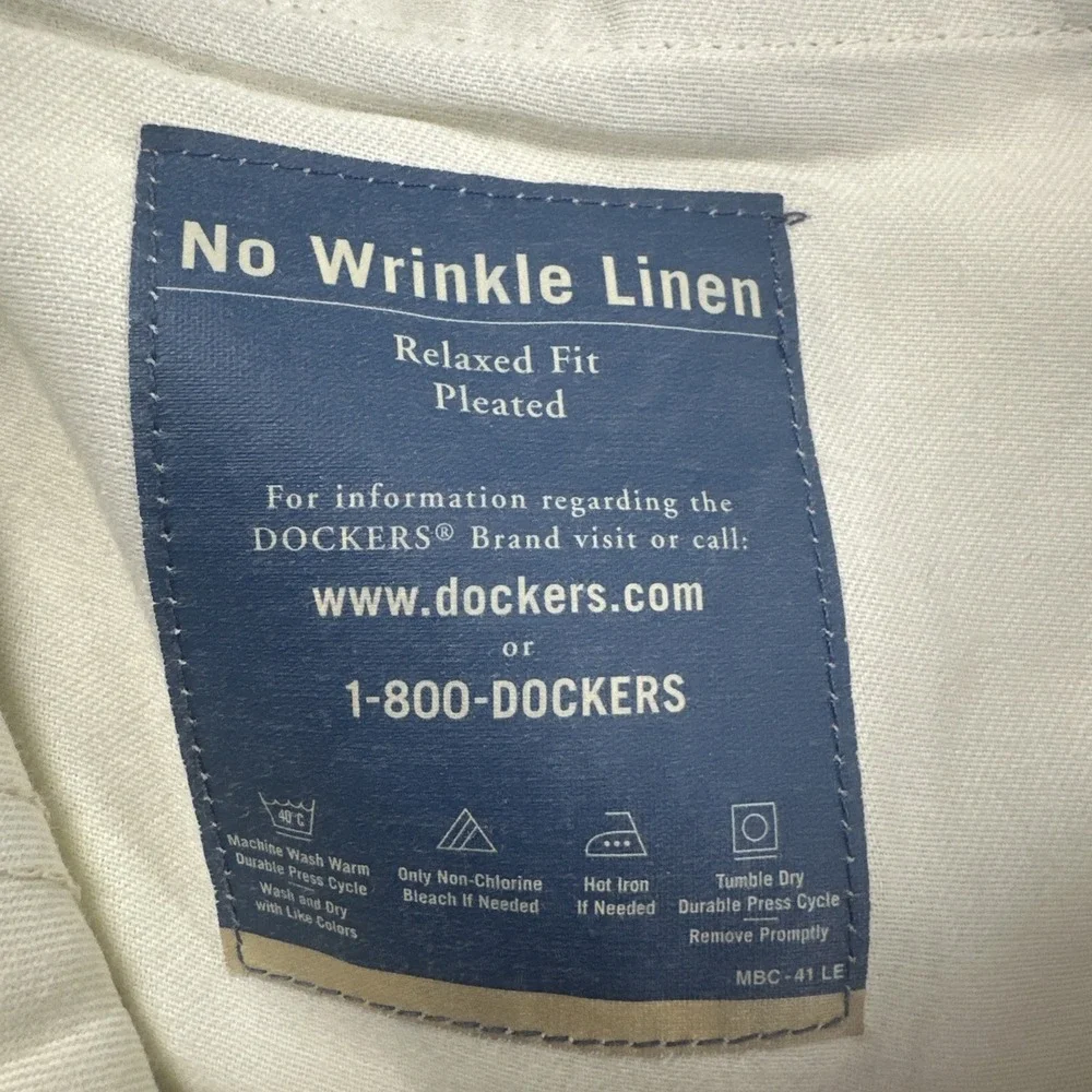 VTG Dockers No Wrinkle Linen Blend Pants Men 36x32 Beige Khakis Relaxed Pleated